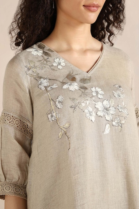 Kaveri_Beige Linen Embroidery, Lace V-neck Flower Print Asymmetric Twirl Dress _at_Aza_Fashions
