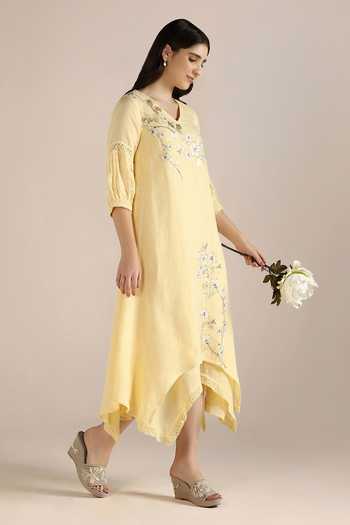 Kaveri_Yellow Linen Embroidery V-neck Camelia Printed Layered Dress _Online_at_Aza_Fashions