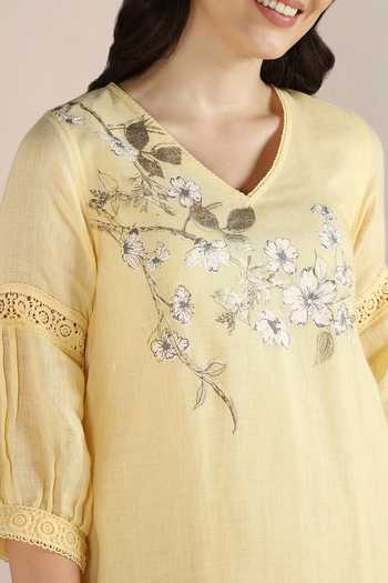 Buy_Kaveri_Yellow Linen Embroidery V-neck Camelia Printed Layered Dress _Online_at_Aza_Fashions