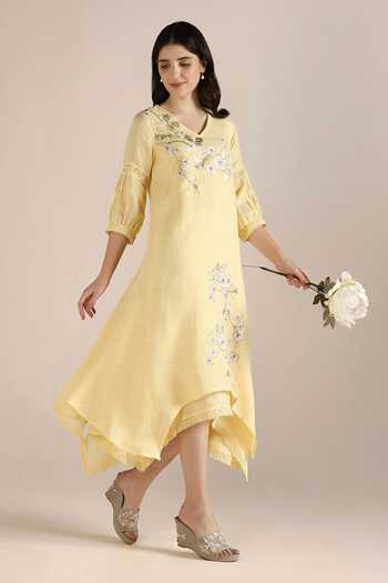Shop_Kaveri_Yellow Linen Embroidery V-neck Camelia Printed Layered Dress _Online_at_Aza_Fashions