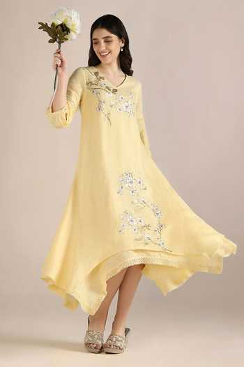 Kaveri_Yellow Linen Embroidery V-neck Camelia Printed Layered Dress _at_Aza_Fashions