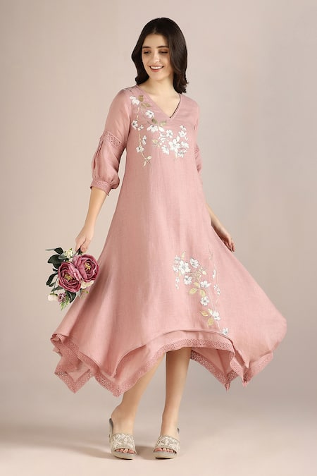 Kaveri Pink Linen Lace V-neck Camelia Print Layered Dress