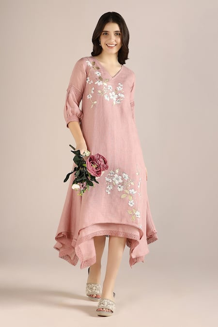 Kaveri_Pink Linen Lace V-neck Camelia Print Layered Dress _Online_at_Aza_Fashions
