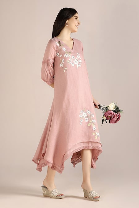 Buy_Kaveri_Pink Linen Lace V-neck Camelia Print Layered Dress _Online_at_Aza_Fashions
