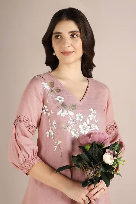 Shop_Kaveri_Pink Linen Lace V-neck Camelia Print Layered Dress _Online_at_Aza_Fashions