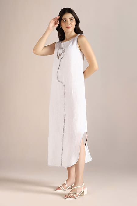 Kaveri White Linen Embroidery Round Neck Body Roots Printed Dress Online at Aza Fashions Kaveri_White Linen Embroidery Round Neck Body Roots Printed Dress _Online_at_Aza_Fashions