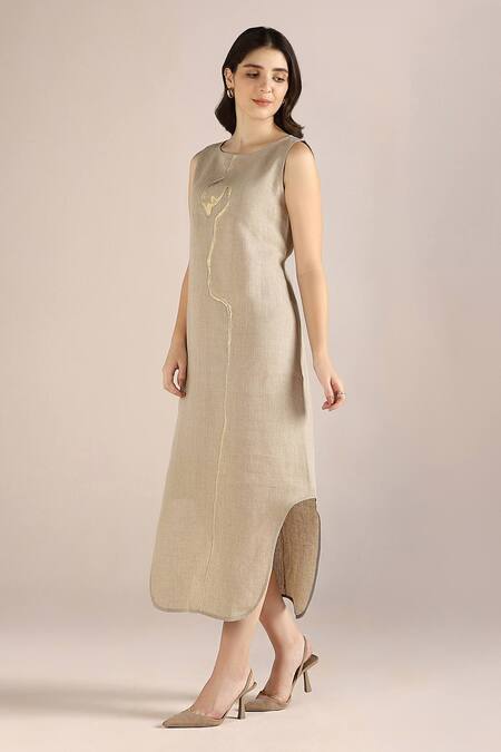Kaveri Beige Linen Embroidery Round Neck Body Roots Cut-out Dress Online at Aza Fashions Kaveri_Beige Linen Embroidery Round Neck Body Roots Cut-out Dress _Online_at_Aza_Fashions
