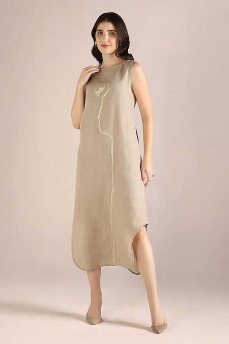 Buy Kaveri Beige Linen Embroidery Round Neck Body Roots Cut-out Dress Online at Aza Fashions Buy_Kaveri_Beige Linen Embroidery Round Neck Body Roots Cut-out Dress _Online_at_Aza_Fashions