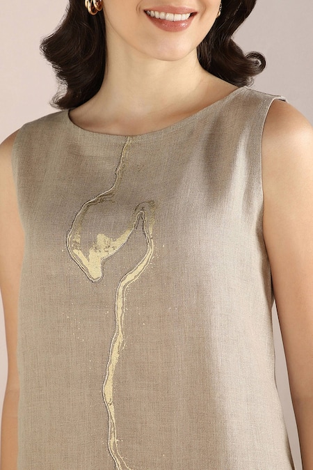 Shop Kaveri Beige Linen Embroidery Round Neck Body Roots Cut-out Dress Online at Aza Fashions Shop_Kaveri_Beige Linen Embroidery Round Neck Body Roots Cut-out Dress _Online_at_Aza_Fashions