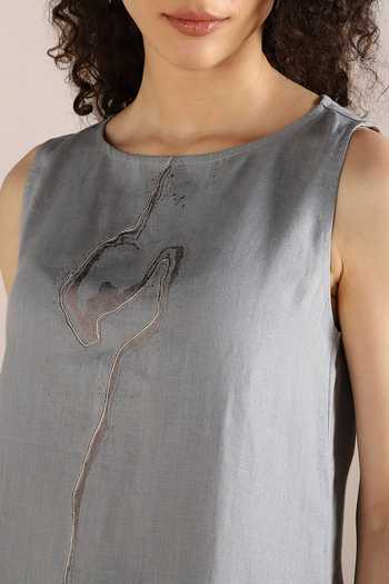 Buy_Kaveri_Blue Linen Embroidery Round Neck Abstract Print Placement Dress _Online_at_Aza_Fashions