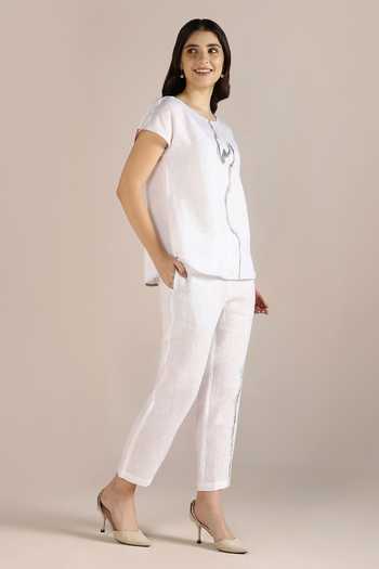 Kaveri White Linen Embroidery Round Neck Body Roots Printed Top Online at Aza Fashions Kaveri_White Linen Embroidery Round Neck Body Roots Printed Top _Online_at_Aza_Fashions