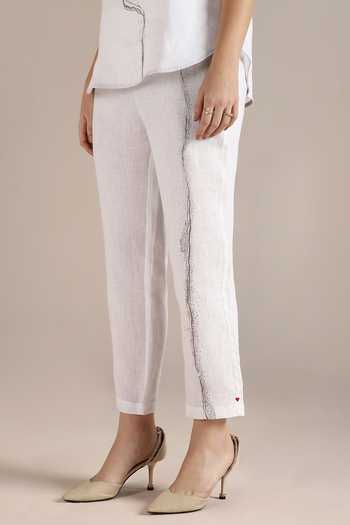 Kaveri_White Linen Embroidery Round Neck Body Roots Printed Top With Pant _at_Aza_Fashions