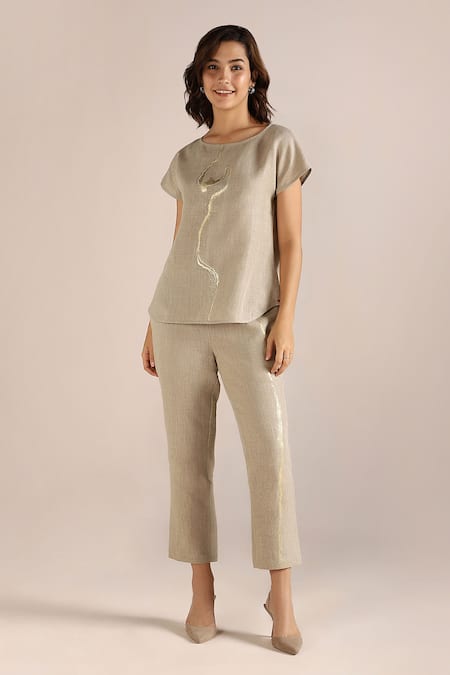 Kaveri_Beige Linen Embroidery Round Neck Abstract Print Top With Pant _Online_at_Aza_Fashions