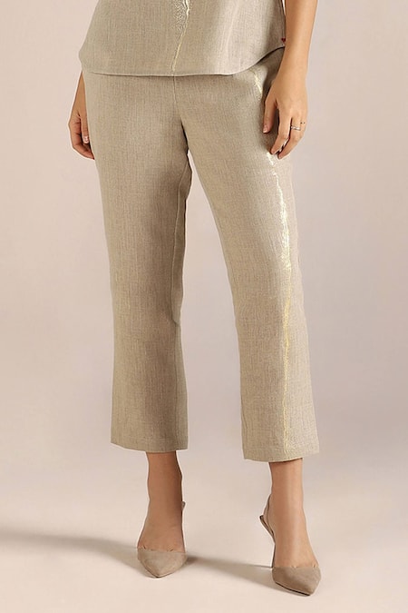 Buy_Kaveri_Beige Linen Embroidery Round Neck Abstract Print Top With Pant _Online_at_Aza_Fashions