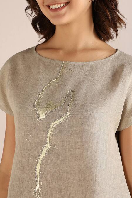 Shop_Kaveri_Beige Linen Embroidery Round Neck Abstract Print Top With Pant _Online_at_Aza_Fashions