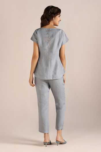 Shop Kaveri Blue Linen Embroidery Round Neck Abstract Print Top With Pant at Aza Fashions Shop_Kaveri_Blue Linen Embroidery Round Neck Abstract Print Top With Pant _at_Aza_Fashions