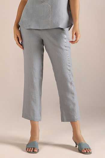 Kaveri Blue Linen Embroidery Round Neck Abstract Print Top With Pant Online at Aza Fashions Kaveri_Blue Linen Embroidery Round Neck Abstract Print Top With Pant _Online_at_Aza_Fashions