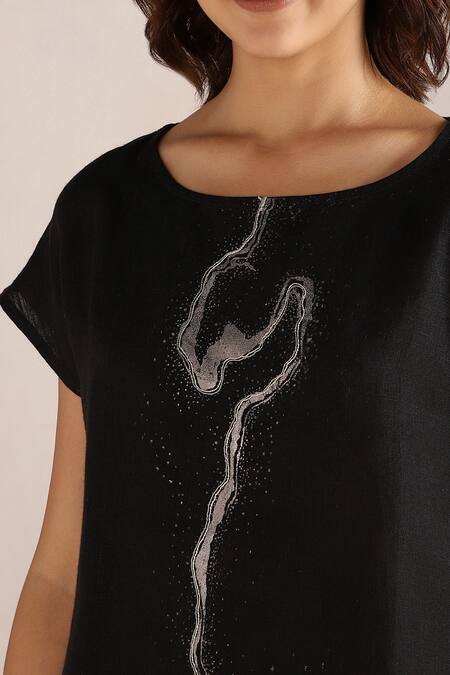 Shop_Kaveri_Black Linen Embroidery Round Neck Body Printed Top _Online_at_Aza_Fashions