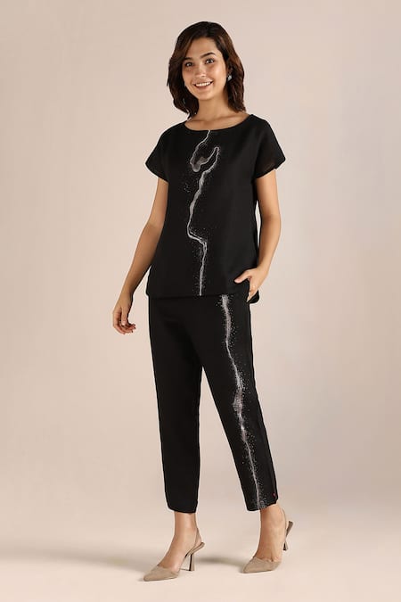Kaveri Black Linen Embroidery Round Neck Printed Top With Pant 