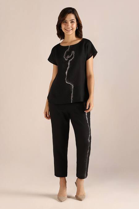 Kaveri_Black Linen Embroidery Round Neck Printed Top With Pant _Online_at_Aza_Fashions
