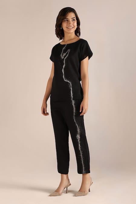 Buy_Kaveri_Black Linen Embroidery Round Neck Printed Top With Pant _Online_at_Aza_Fashions