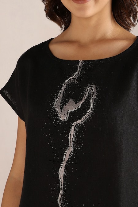 Shop_Kaveri_Black Linen Embroidery Round Neck Printed Top With Pant _Online_at_Aza_Fashions