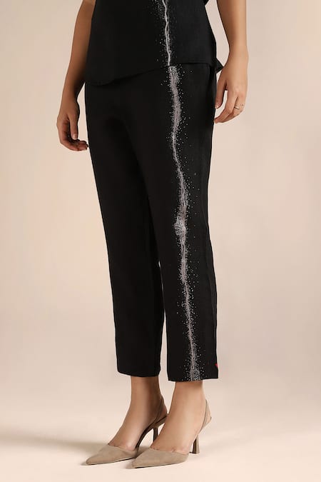 Kaveri_Black Linen Embroidery Round Neck Printed Top With Pant _at_Aza_Fashions
