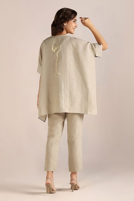 Shop_Kaveri_Beige Linen Embroidery V-neck Printed Asymmetric Top And Pant Set _at_Aza_Fashions