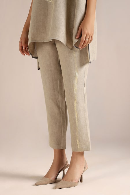 Kaveri_Beige Linen Embroidery V-neck Printed Asymmetric Top And Pant Set _Online_at_Aza_Fashions