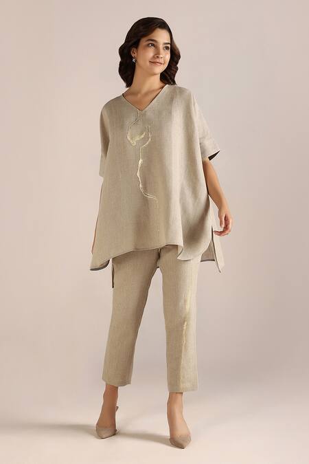 Buy_Kaveri_Beige Linen Embroidery V-neck Printed Asymmetric Top And Pant Set _Online_at_Aza_Fashions