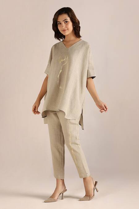Shop_Kaveri_Beige Linen Embroidery V-neck Printed Asymmetric Top And Pant Set _Online_at_Aza_Fashions