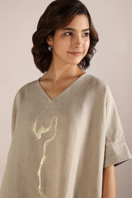 Kaveri_Beige Linen Embroidery V-neck Printed Asymmetric Top And Pant Set _at_Aza_Fashions