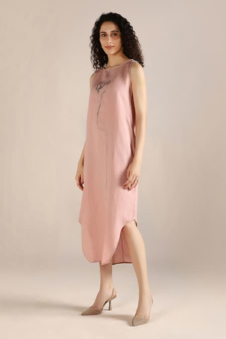 Kaveri_Pink Linen Embroidery Round Neck Abstract Print Dress _Online_at_Aza_Fashions