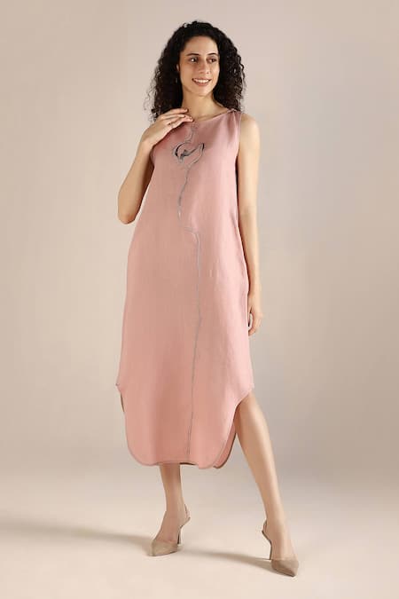 Buy_Kaveri_Pink Linen Embroidery Round Neck Abstract Print Dress _Online_at_Aza_Fashions