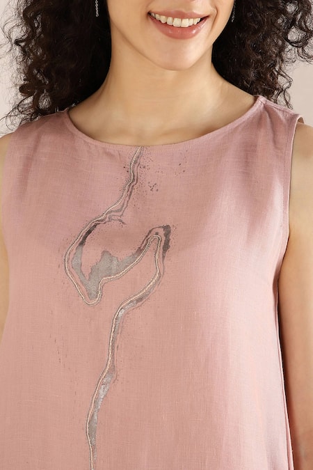 Shop_Kaveri_Pink Linen Embroidery Round Neck Abstract Print Dress _Online_at_Aza_Fashions