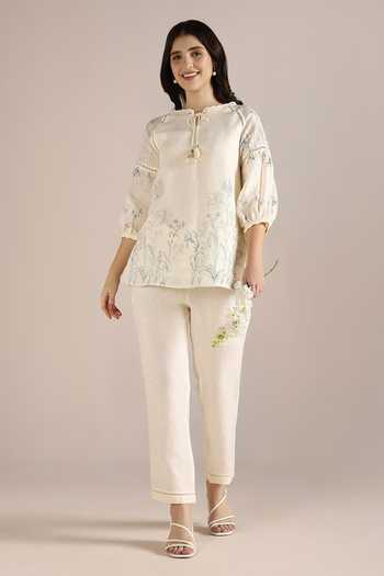 Kaveri Off White Linen Embroidery Round Neck Savannah Kismat Top With Pant Online at Aza Fashions Kaveri_Off White Linen Embroidery Round Neck Savannah Kismat Top With Pant _Online_at_Aza_Fashions