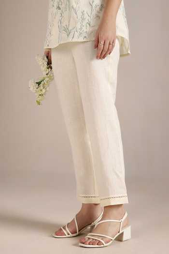 Shop Kaveri Off White Linen Embroidery Round Neck Savannah Kismat Top With Pant Online at Aza Fashions Shop_Kaveri_Off White Linen Embroidery Round Neck Savannah Kismat Top With Pant _Online_at_Aza_Fashions