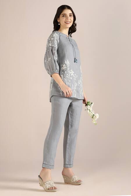 Kaveri_Blue Linen Embroidery Round Neck Savannah Hand Drawn Floral Kismat Top _Online_at_Aza_Fashions