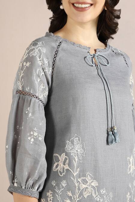Buy_Kaveri_Blue Linen Embroidery Round Neck Savannah Hand Drawn Floral Kismat Top _Online_at_Aza_Fashions