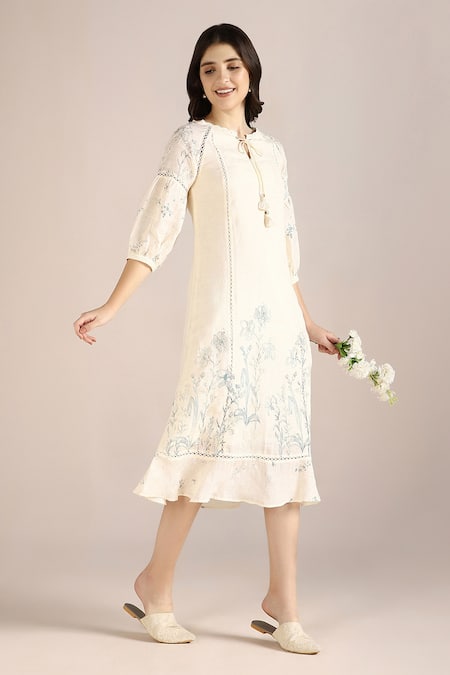 Kaveri_Off White Linen Embroidery Open Neck Savannah Kismat Dress _Online_at_Aza_Fashions