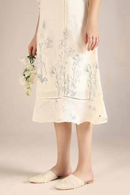 Shop_Kaveri_Off White Linen Embroidery Open Neck Savannah Kismat Dress _Online_at_Aza_Fashions