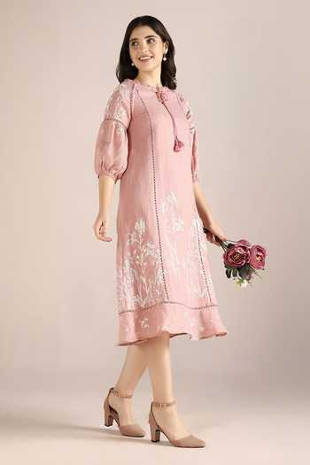 Kaveri_Pink Linen Embroidery Round Neck Savannah Kismat Floral Hand Drawn Dress _Online_at_Aza_Fashions