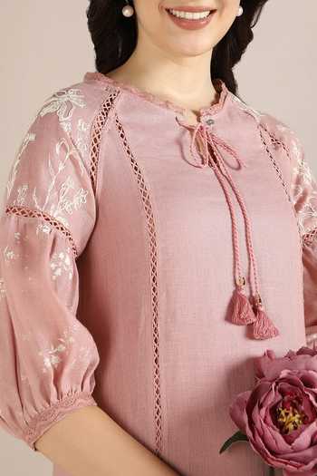 Buy_Kaveri_Pink Linen Embroidery Round Neck Savannah Kismat Floral Hand Drawn Dress _Online_at_Aza_Fashions
