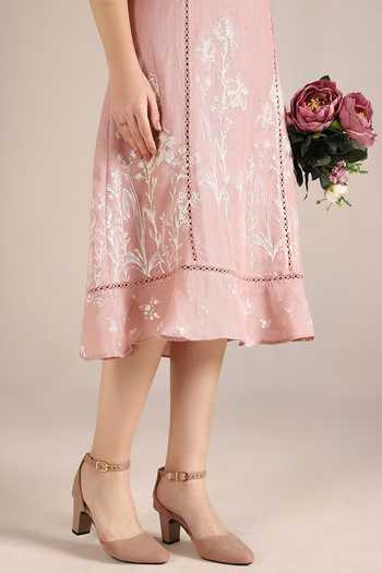 Shop_Kaveri_Pink Linen Embroidery Round Neck Savannah Kismat Floral Hand Drawn Dress _Online_at_Aza_Fashions