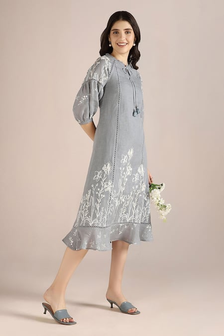 Kaveri_Blue Linen Embroidery, Lace Round Neck Savannah Kismat Dress _Online_at_Aza_Fashions