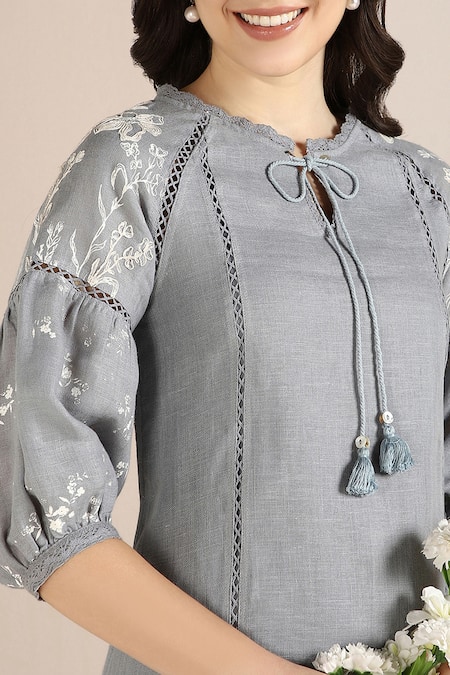 Buy_Kaveri_Blue Linen Embroidery, Lace Round Neck Savannah Kismat Dress _Online_at_Aza_Fashions