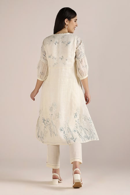 Shop Kaveri Off White 100% Linen Hand Drawn Floral V Neck Savannah Fly Free Tunic at Aza Fashions Shop_Kaveri_Off White 100% Linen Hand Drawn Floral V Neck Savannah Fly Free Tunic _at_Aza_Fashions