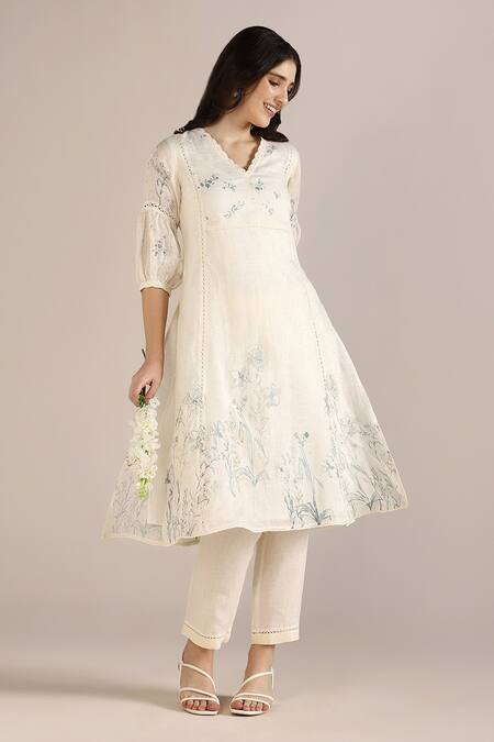 Buy Kaveri Off White 100% Linen Hand Drawn Floral V Neck Savannah Fly Free Tunic Online at Aza Fashions Buy_Kaveri_Off White 100% Linen Hand Drawn Floral V Neck Savannah Fly Free Tunic _Online_at_Aza_Fashions