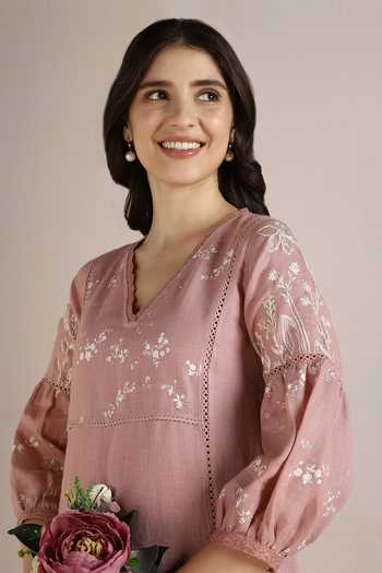 Kaveri_Pink 100% Linen Hand Drawn Floral V Savannah Fly Free Tunic With Pant  _Online_at_Aza_Fashions