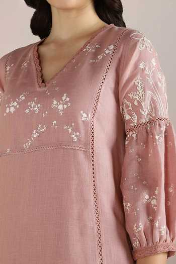 Buy_Kaveri_Pink 100% Linen Hand Drawn Floral V Savannah Fly Free Tunic With Pant  _Online_at_Aza_Fashions